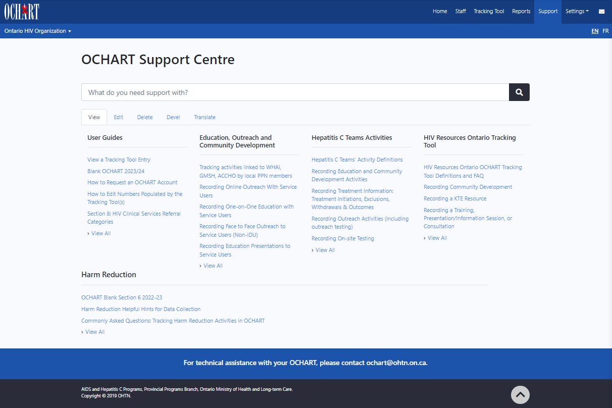 screenshot of support center page