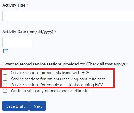 activity title, activity date, service sessions selection