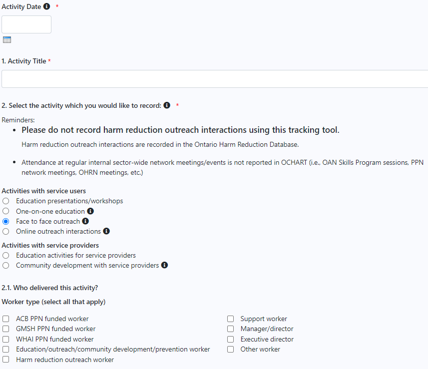 record activity type, worker type, activity title, activity name