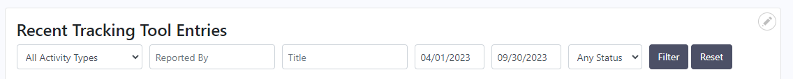 recent tracking tool entries filters