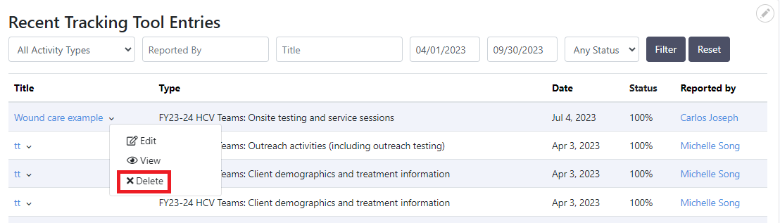 tracking tool entry dropdown delete button