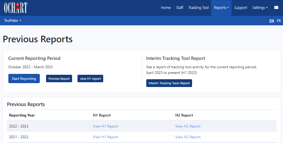 screenshot of reporting page