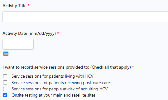 activity title, activity date, onsite testing selection