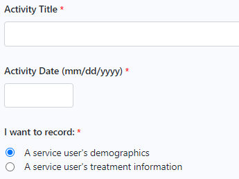 activity title, activity date, record service user demographic