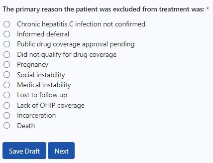 primary reason patient was excluded from treatment