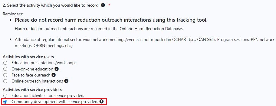 screenshot of selecting type of activity with 'community development with service providers' highlighted
